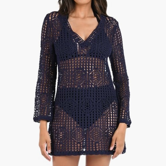 La Blanca Women's Long Sleeve Mini Dress Swimsuit Cover Up Indigo Blue L 7204